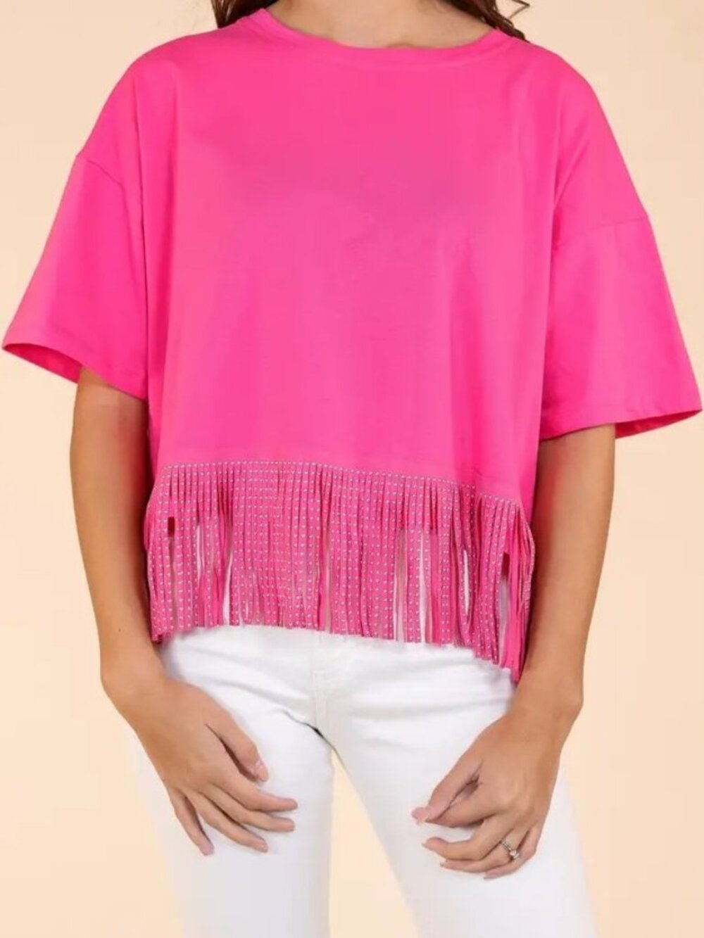 2 for $15 - Bundle and Save: Studded Fringe Crop Top - Hot Pink